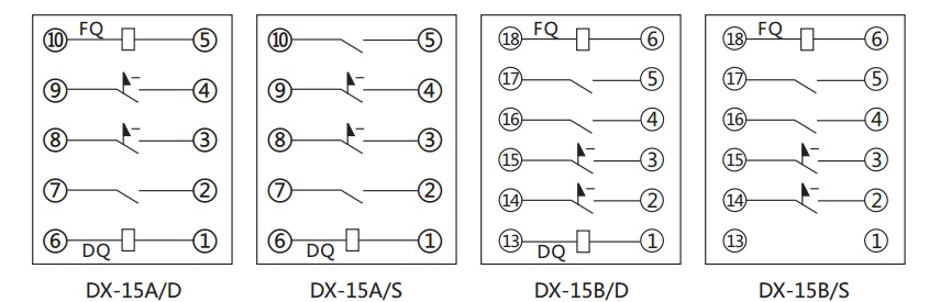 DX-15B信號繼電器內部接線及外引接線圖 DX-15B信號繼電器內部接線及外引接線圖