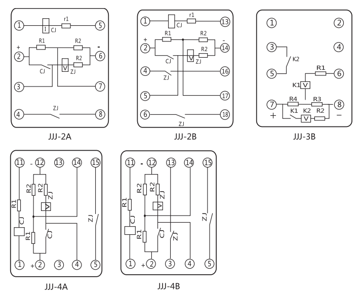 JJJ-4A直流絕緣監視繼電器內部端子外引接線圖 JJJ-4A直流絕緣監視繼電器內部端子外引接線圖