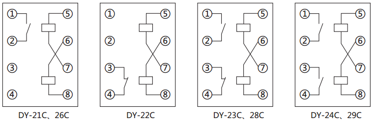 DY-21D~25D/60C電壓繼電器內部接線圖 DY-21D~25D/60C電壓繼電器內部接線圖