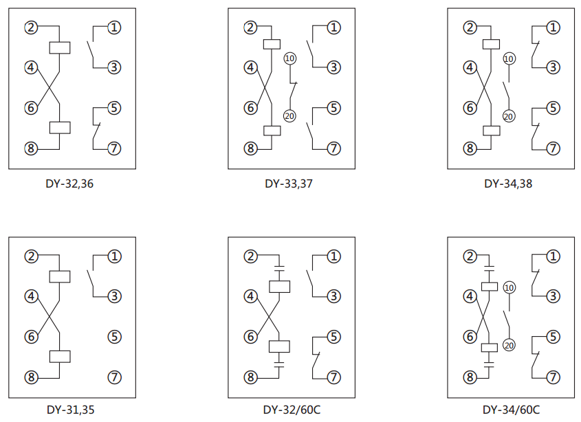 DY-31電壓繼電器內(nèi)部接線圖及外引接線圖(背視圖) DY-31電壓繼電器內(nèi)部接線圖及外引接線圖(背視圖)