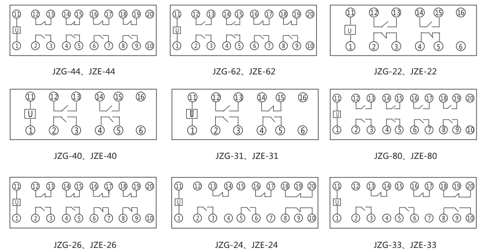 JZE-26卡軌式靜態中間繼電器內部端子外引接線圖 JZE-26卡軌式靜態中間繼電器內部端子外引接線圖