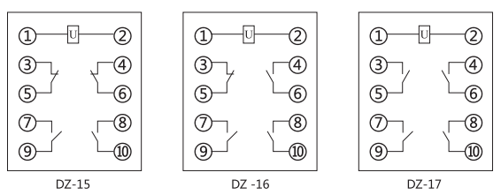 DZ-17中間繼電器內(nèi)部接線圖及外引接線圖(正視圖) DZ-17中間繼電器內(nèi)部接線圖及外引接線圖(正視圖)