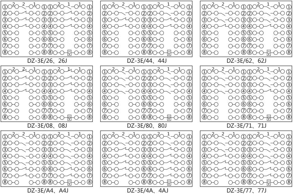 DZ-3E/44(J)中間繼電器內部接線圖及外引接線圖 DZ-3E/44(J)中間繼電器內部接線圖及外引接線圖